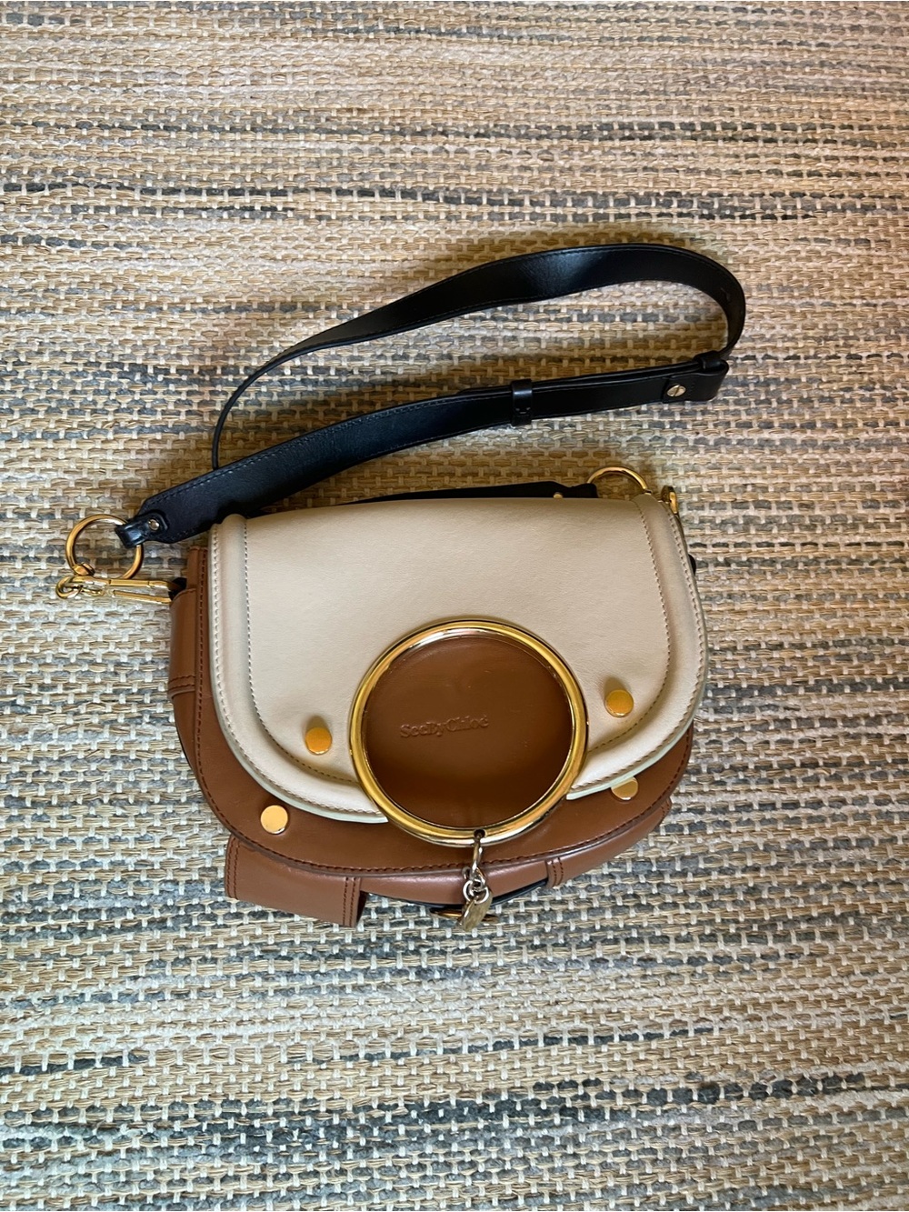 See By Chloé Two-Tone Cream and Brown Crossbody with Gold Ring